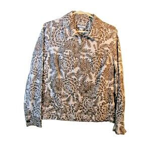 Womens Sz M Linen Blend Jacket Zipped Brown Floral Print Croft & Barrow